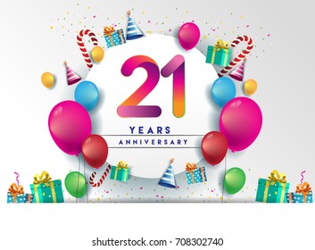 21st years Anniversary Celebration Design with balloons and gift box, Colorful design elements for banner and invitation card.