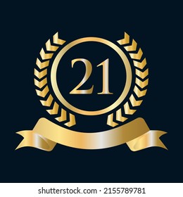 21st Years Anniversary Celebration Gold and Black Template. Luxury Style Gold Heraldic Crest Logo Element Vintage Laurel Vector