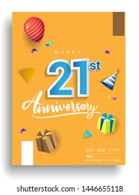 21st Years Anniversary invitation Design, with gift box and balloons, ribbon, Colorful Vector template elements for birthday celebration party.