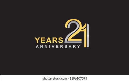 21st years anniversary logo design with multiple line silver and golden color, for celebration event isolated on black background, vector illustration.