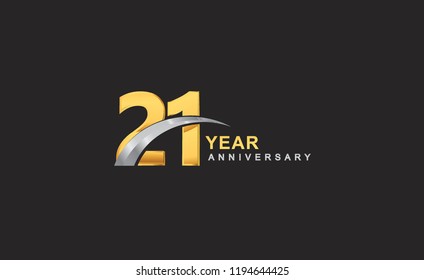 21st years anniversary logo with golden ring and silver swoosh isolated on black background, for birthday and anniversary celebration.
