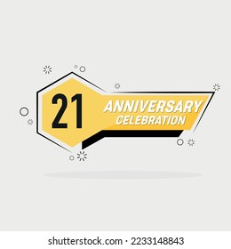 21st years anniversary logo, vector design with yellow geometric shape with gray background .