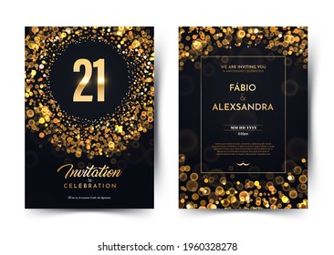 21st years birthday vector black paper luxury invitation double card. Twenty one years wedding anniversary celebration brochure. Template of invitational for print on dark background with bokeh svg