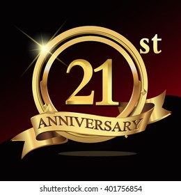 21st years golden anniversary logo celebration with ring and ribbon.