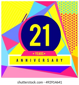 21st years greeting card anniversary with colorful number and frame. logo and icon with Memphis style cover and design template. Pop art style design poster and publication.