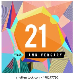 21st years greeting card anniversary with colorful number and frame. logo and icon with Memphis style cover and design template