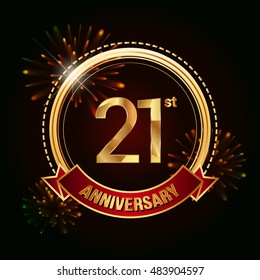 21stanniversary logo golden colored using ring, red ribbon, and fireworks background