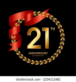 21th Anniversary Celebration. Anniversary Logo Design with Laurel Wreath and Red Ribbon for Celebration Event, Wedding, Invitation, Greeting Card. Logo Vector Illustration