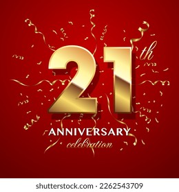 21th Anniversary Celebration. logo design with golden numbers and text for birthday celebration event, invitation, wedding, greeting card, banner, poster, flyer, brochure. Logo Vector Template