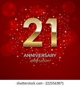 21th Anniversary. Golden number 21 with sparkling confetti and glitters for celebration events, weddings, invitations and greeting cards. Realistic 3d sign. Vector festive illustration.