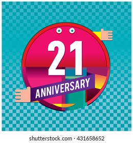 21th anniversary logo with colorful circle badge. Anniversary signs illustration. Vibrant colors anniversary logo with geometric shape and circle ring