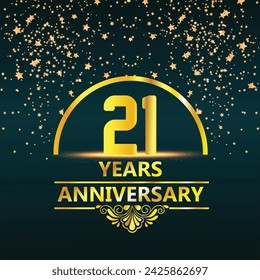 21th Anniversary logo design with golden ring and red ribbon. Logo Vector Template Illustration