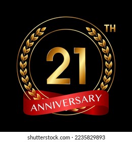 21. Jahrestag. Jubiläum Logo Design mit Laurel Wreath und Rotem Band für Feierlichkeiten, Hochzeit, Einladung, Grußkarte. Logo-Vektorgrafik