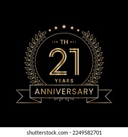 21th Anniversary logo design with laurel wreath for celebration event, invitation, banner, poster, flyer, greeting card. Line Art Design, Logo Vector Illustration