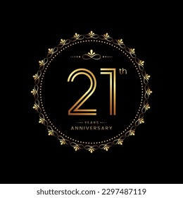 21th anniversary logo with golden number for celebration event, invitation, wedding, greeting card, banner, poster, flyer. Ornament vector design