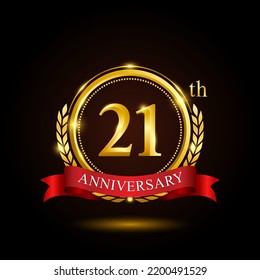 21th golden anniversary template design, with shiny ring and red ribbon, laurel wreath isolated on black background, logo vector