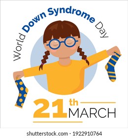 21th march. Illustration World Down Syndrome Day. Girl with different socks. Vector