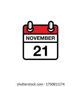 21 de noviembre día plano del icono del calendario del mes. Concepto de fecha y hora. Diseño de ilustración de vector