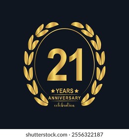 21th Years Anniversary celebration. Vector Template festive illustration Golden Color,. Birthday or wedding party event decoration.