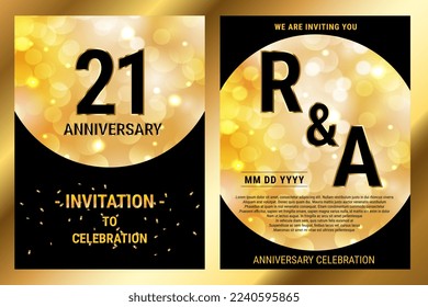 21th years birthday vector black paper luxury invitation double card. Wedding anniversary celebration brochure. Template of invitational for print black and gold background