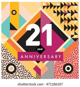 21th years greeting card anniversary with colorful number and frame. logo and icon with Memphis style cover and design template