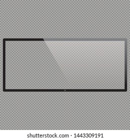 21x9 LCD monitor set vector illustrations. Realistic empty TV frame with reflection and transparency screen isolated.  Lcd display screen, tv digital panel plasma