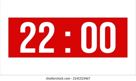 22 00 o'clock on a red rectangular retro wall clock. Vector image illustration with time stamp isolated on white background, vector