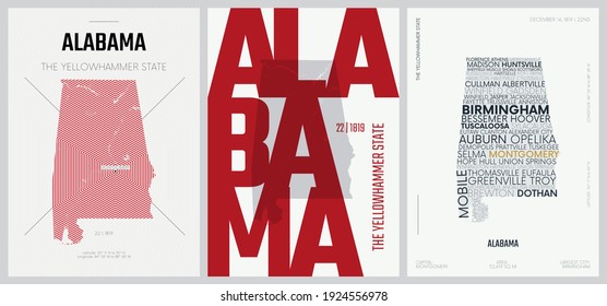 22 of 50 sets, US State Posters with name and Information in 3 Design Styles, Detailed vector art print Alabama map