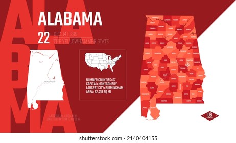 22 of 50 states of the United States, divided into counties with territory nicknames, Detailed vector Alabama Map with name and date admitted to the Union, travel poster and postcard