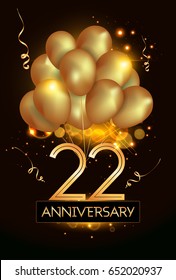 22 Anniversary Logo Celebration with Golden balloon and confetti, Isolated on dark Background