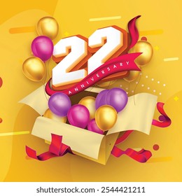 22 anniversary logo template on a gift box with a yellow background and balloons. 22nd anniversary celebration featuring a red ribbon and balloons. Gift box concept for an anniversary invitation card.