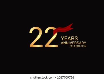 22 anniversary vector design golden colored with red ribbon isolated on black background