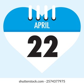 22 April calendar icon blue heart shape on light sky blue color background, calendar vector symbol for the month of April.