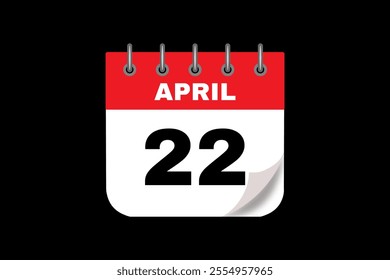 22 April calendar icon text page monthly web design on red, white and black background vector, icon, or illustration with the month of April 22