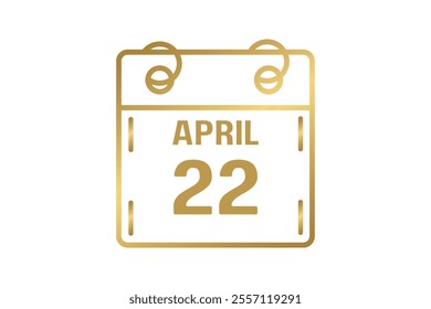 22 April calendar icon text page monthly web design on golden and white background vector, icon, or illustration with the month of April 22