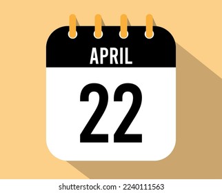 icono del calendario 22 de abril. Vector negro para el mes de abril con efecto de sombra