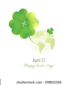 22 april Earth day. Eco friendly ecology concept with planet and clovers isolated on white background. Vector illustration