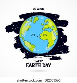 22 April. Happy Earth Day. Trend lettering. Vector illustration on white background with a smear of black ink. Cute smiling blue planet. Gift card