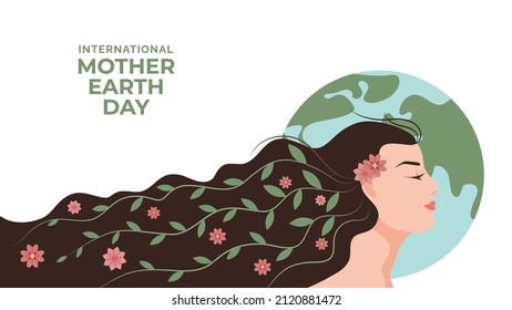 22 april - International Mother Earth Day illustration. Cartoon woman with flowers and leaves on the Earth map background. Save the Earth vector flat design.