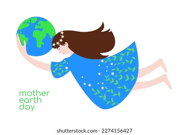 22 april - International Mother Earth Day illustration. Cartoon woman with flowers wreath, leaves and the Earth globe in hands. Save the Earth vector flat design.