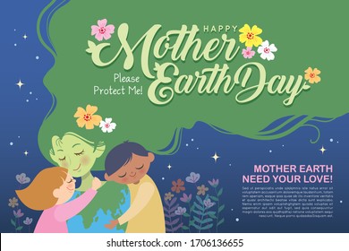 22 april - Mother Earth Day illustration. Cartoon girl & boy hugging mother earth with flowers on space background. Let's go green to protect (love) our Mother Earth. Save the Earth flat design.