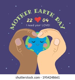 22 April - Mother Earth Day. Two hands making heart shape with cute cartoon Earth on starry background. Love our planet, go green and save the Earth. Flat vector illustration. 