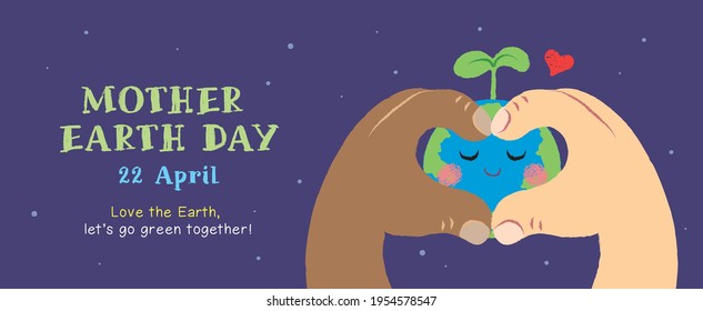 22 April - Mother Earth Day banner. Two hands making heart shape with cute cartoon Earth on starry background. Love the planet, go green and save the Earth. Tree-planting flat vector illustration. 