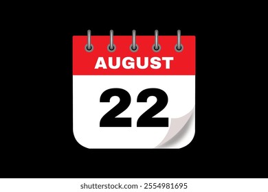 22 August calendar icon text page monthly web design on red, white and black background vector, icon, or illustration with the month of August 22