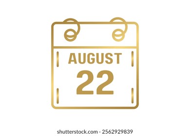 22 August calendar icon text page monthly web design on golden and white background vector, icon, or illustration with the month of August 22