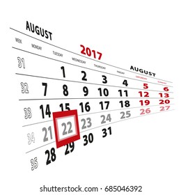 22 August highlighted on calendar 2017. Week starts from Monday. Vector Illustration.