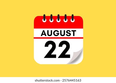 22 August month single day vector, illustration, calendar with red, black, white and yellow color background calendar August 22