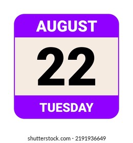 22 de agosto, martes. Plantilla de fecha. Diseño útil para la promoción de calendarios o eventos. Ilustración vectorial Archivo EPS 10. 