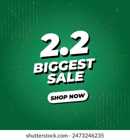 2.2 Biggest Sale 3D Vector Illustration Banner With Background Effects. Social Media Post Template Isolated on Gradient Green Colour. February Biggest Sale Offer, Campaign or Promotion Banner.