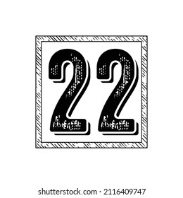 22 Classic Vintage Sport Jersey Uniform numbers in black with a black outside contour line number on white background for American football, Baseball and Basketball or soccer for shirt